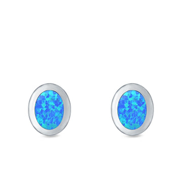 Oval Stud Earrings Lab Created Blue Opal 925 Sterling Silver (6mm)